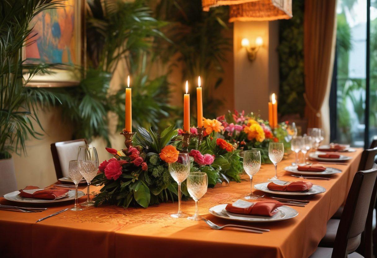 A beautifully arranged table featuring an artistic fusion of exotic dishes and playful, sensual elements, showcasing contrasting textures and colors. Soft candlelight casts a warm glow, enhancing the intimate ambiance, while subtle hints of playful patterns decorate the table settings. Include a vibrant backdrop of lush greenery or an elegant restaurant interior. capture the essence of culinary delight intertwined with NSFW themes. super-realistic. warm colors. soft focus.