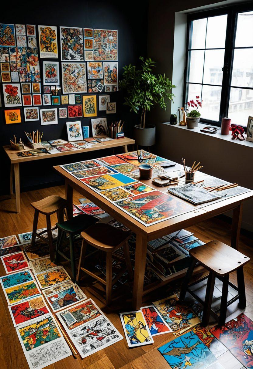 A whimsical scene featuring an artist's studio where comic panels depicting vibrant adult-themed artwork and intricate chopstick designs elegantly overlap. Include elements like colorful comic books scattered around, a set of beautifully painted chopsticks, and a partially finished comic strip on the drawing table. The atmosphere should be creative and inviting, blending traditional Asian aesthetics with modern comic flair. surrealism. vivid colors. dynamic composition.