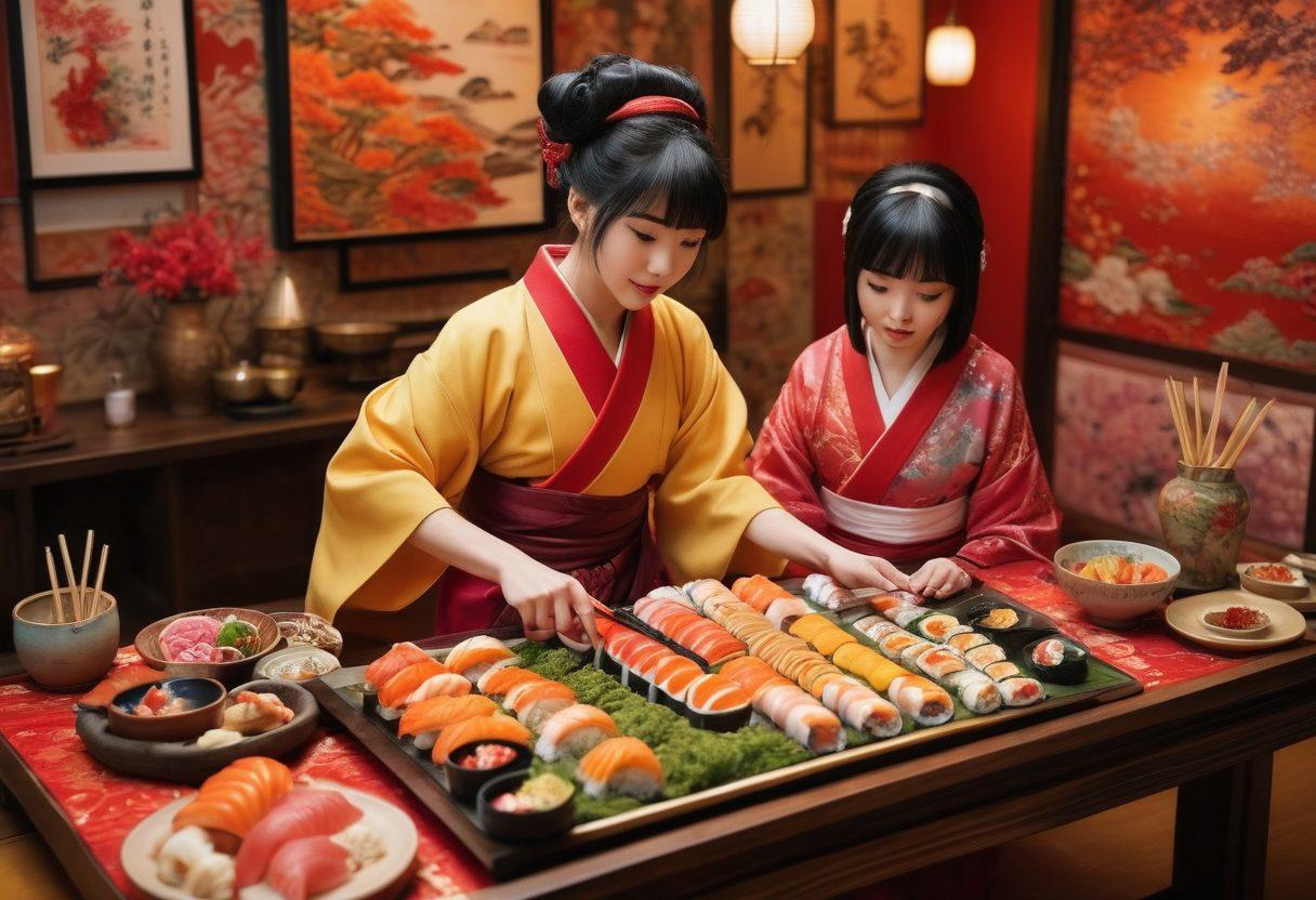 A whimsical scene featuring vibrant fantasy characters engaging in a culinary adventure with colorful sushi and noodles. The characters should display elements of Hentai Manga style, blending sensuality with playful humor, while using ornate chopsticks. Surround them with an eclectic background of floating food items and magical sparkles. The color palette should be bold and dynamic, creating a lively and inviting atmosphere. super-realistic. vibrant colors. fantasy art.